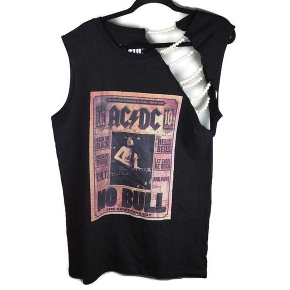 ACDC Tops - AC/DC Deconstructed Pearl Strand Shoulder ‘96 Concert Poster Fitted Black Tunic